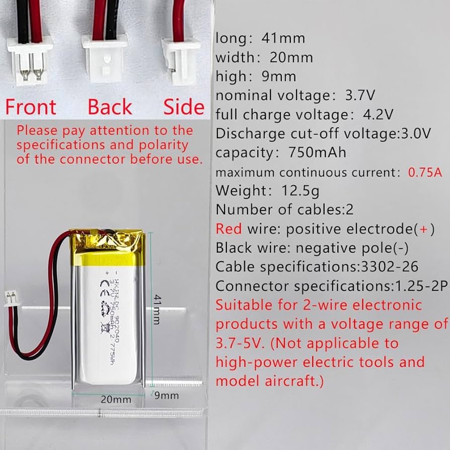 Amazon | DC 3.7V 750mAh 902040充電可能リチウムポリマー電池